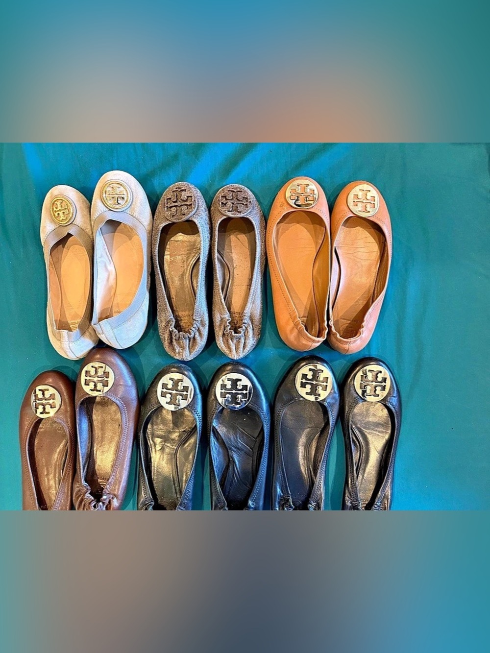 6 pairs Tory Burch Flats black silver and gold brn grey all 8.5